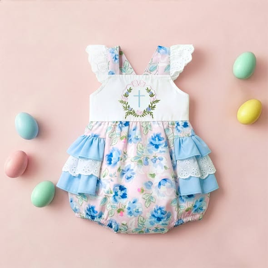 Baby Girls Flutter Sleeve Flowers Crosses Ruffle Rompers Preorder