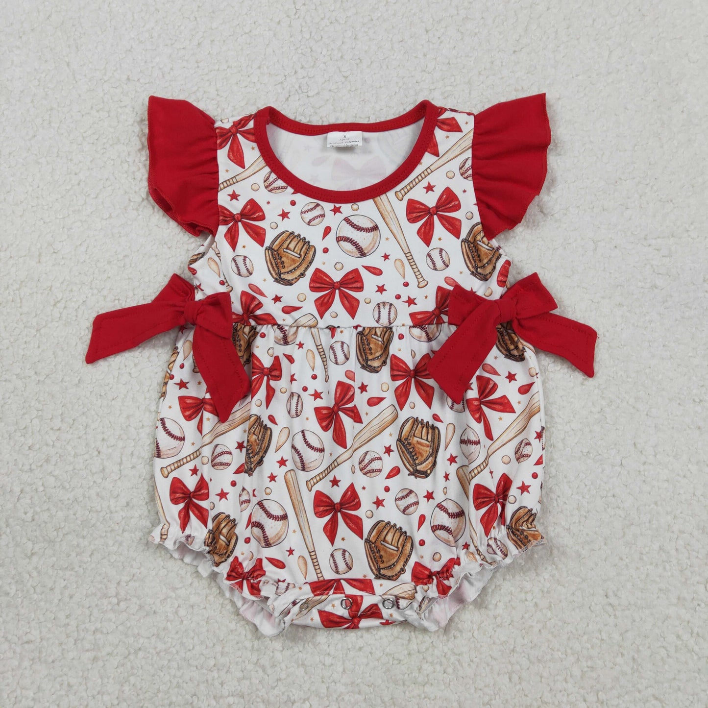 Sibling Baby Girls Red Bows Baseballs Tunic Ruffle Shorts Team Clothes Set Knee Length Dress Rompers