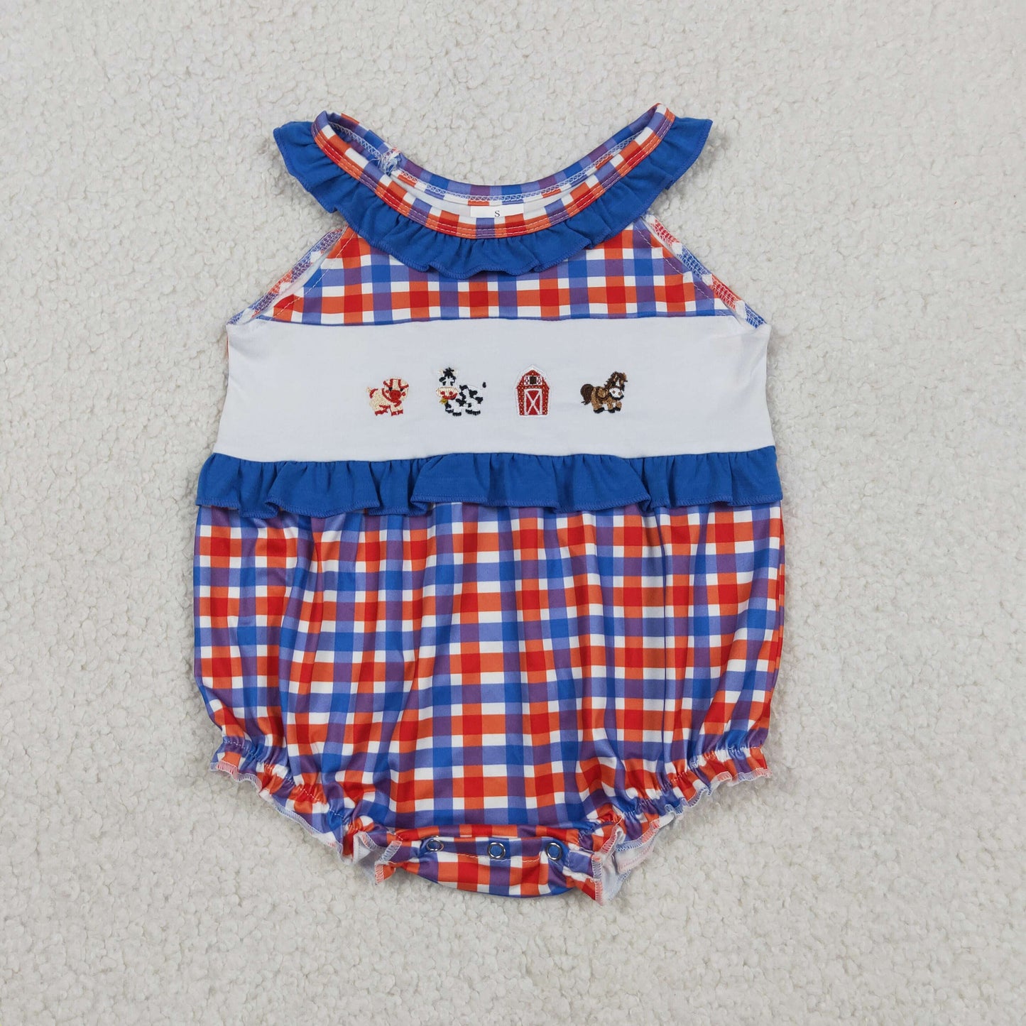 Embroidery Cow Pig House Baby Girls Red Blue Checked Farm Ruffle Rompers
