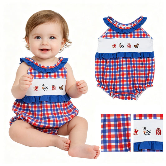 Embroidery Cow Pig House Baby Girls Red Blue Checked Farm Ruffle Rompers