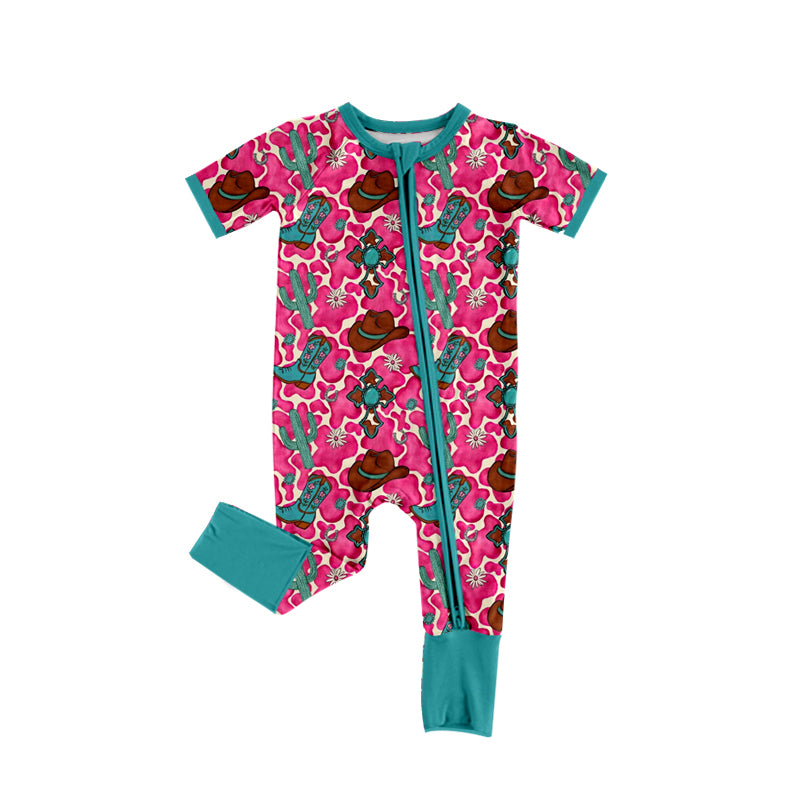 Baby Girls Cow Print Cactus Boots Western Two Way Zip Convertible Rompers Preorder