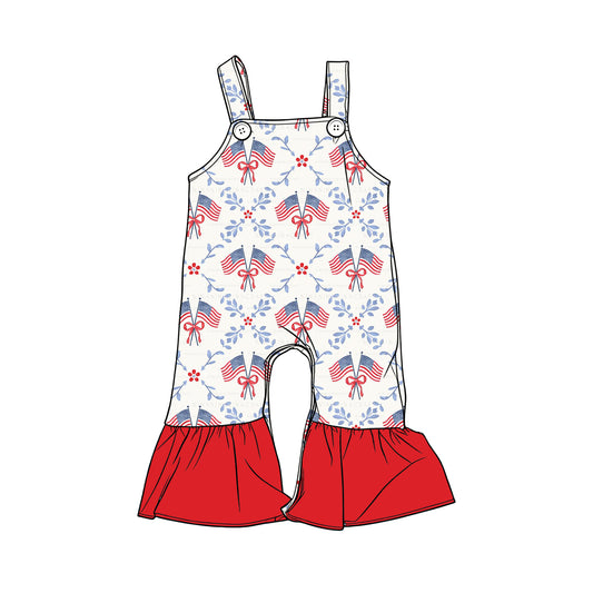 Baby Girls Strap Flowers Flags Checked 4th of July Ruffle Pants Rompers Preorder