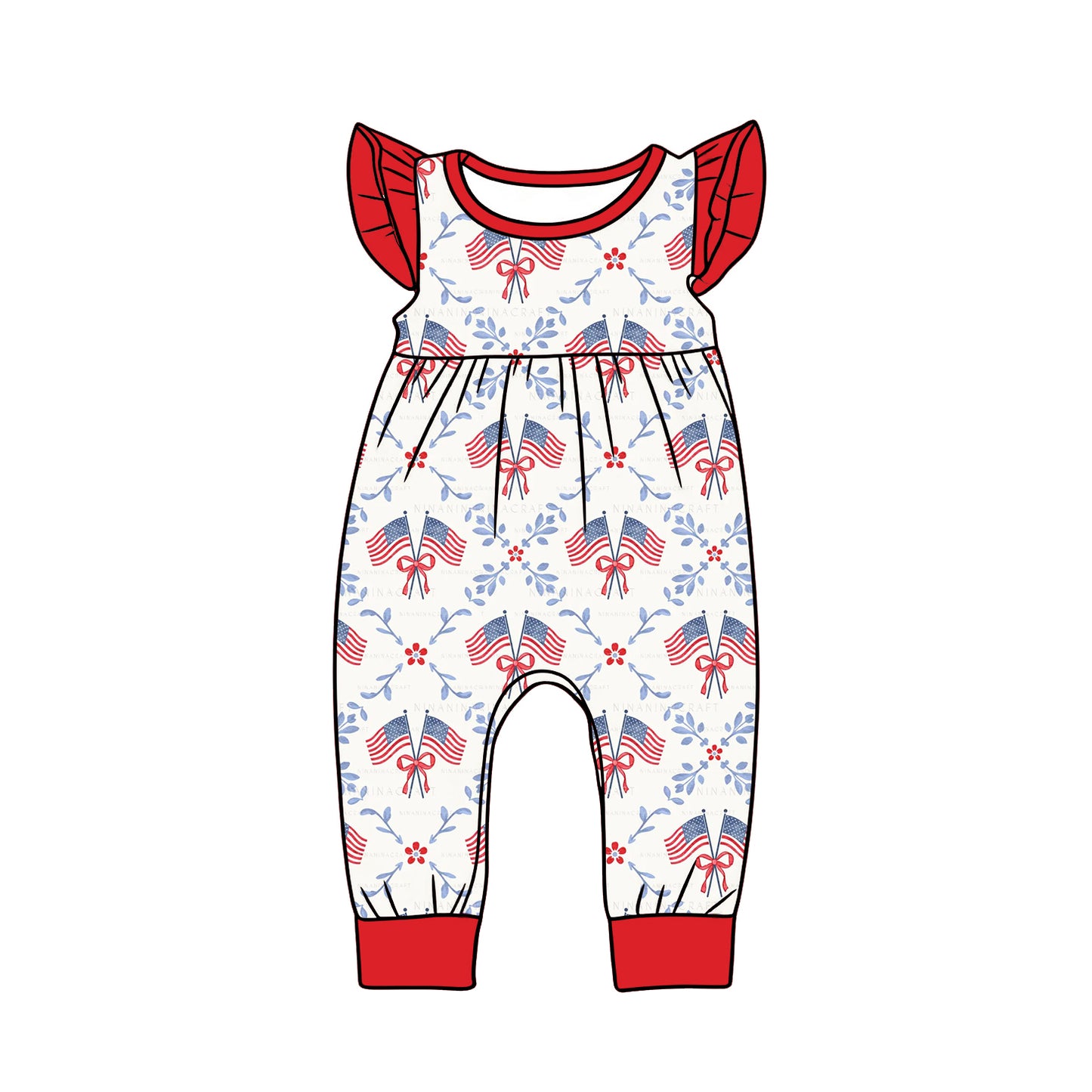 Baby Girls Flutter Sleeve Flowers Flags Checked 4th of July Footie Rompers Preorder