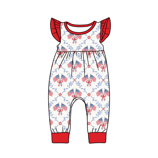 Baby Girls Flutter Sleeve Flowers Flags Checked 4th of July Footie Rompers Preorder