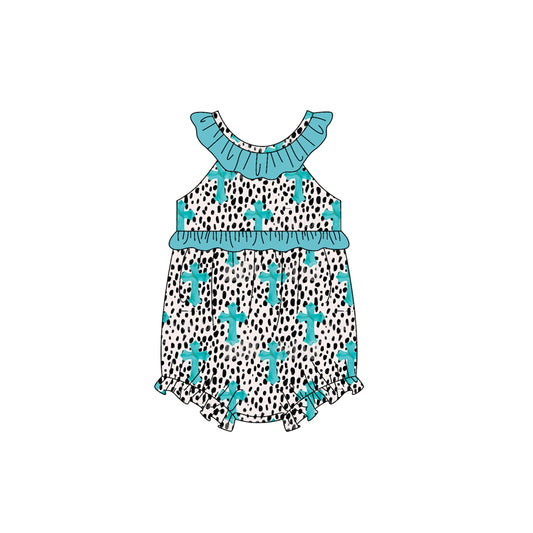 Baby Girls Sleeveless Leopard Crosses Easter Collar Ruffle Rompers Preorder
