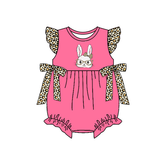 Baby Girls Flutter Sleeve Leopard Bows Rabbits Easter Ruffle Rompers Preorder