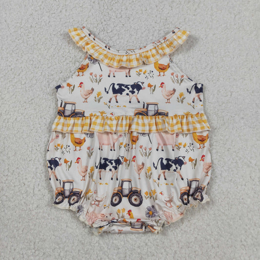 Baby Girls Cows Trucks Farm Collar Ruffle Rompers