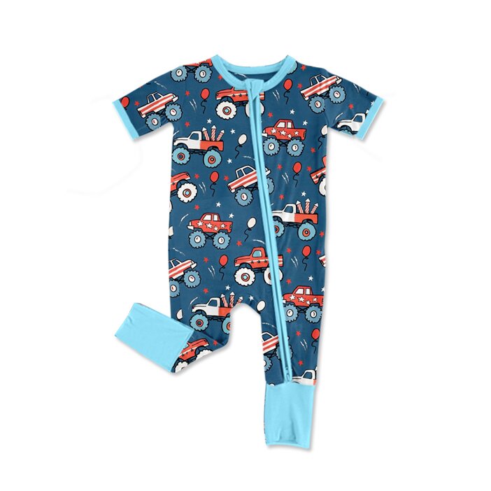 Baby Boys Fireworks Trucks 4th of July Two Way Zip Convertible Rompers Preorder