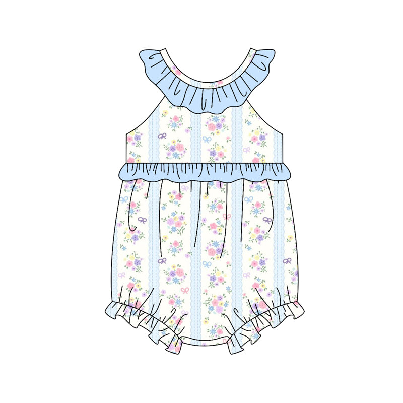 Baby Girls Flowers Stripe Collar Ruffle Rompers Preorder