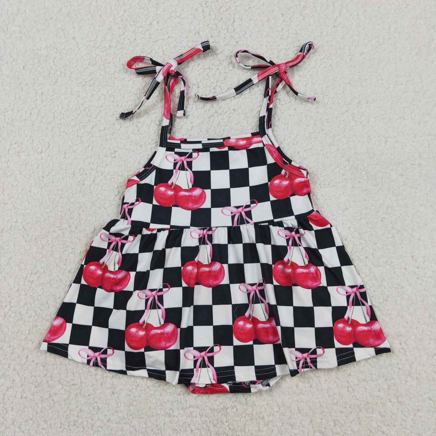 Baby Girls Strap Black Checked Cherry Ruffle Tunic Rompers