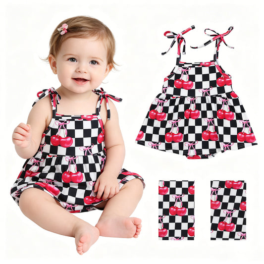 Baby Girls Strap Black Checked Cherry Ruffle Tunic Rompers