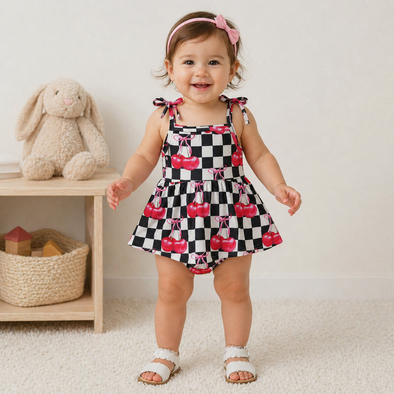 Baby Girls Strap Black Checked Cherry Ruffle Tunic Rompers