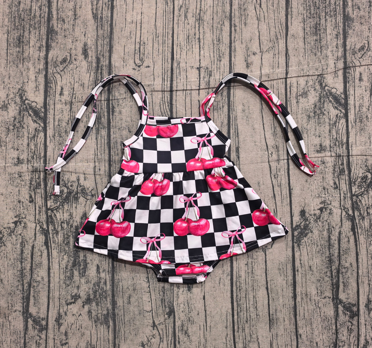 Baby Girls Strap Black Checked Cherry Ruffle Tunic Rompers