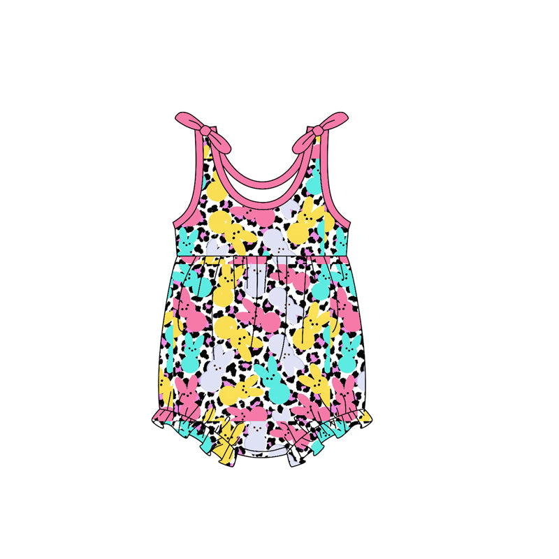 Baby Girls Bows Sleeveless Leopard Colorful Rabbits Easter Ruffle Rompers Preorder