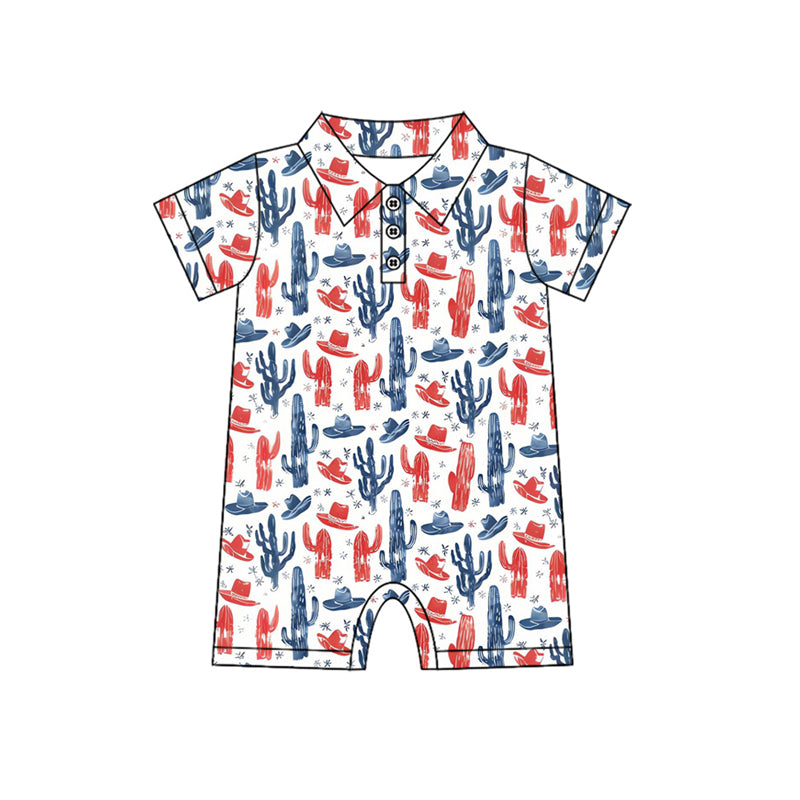 Baby Girls Short Sleeve Hats Cactus Plaid Western Button Rompers Preorder