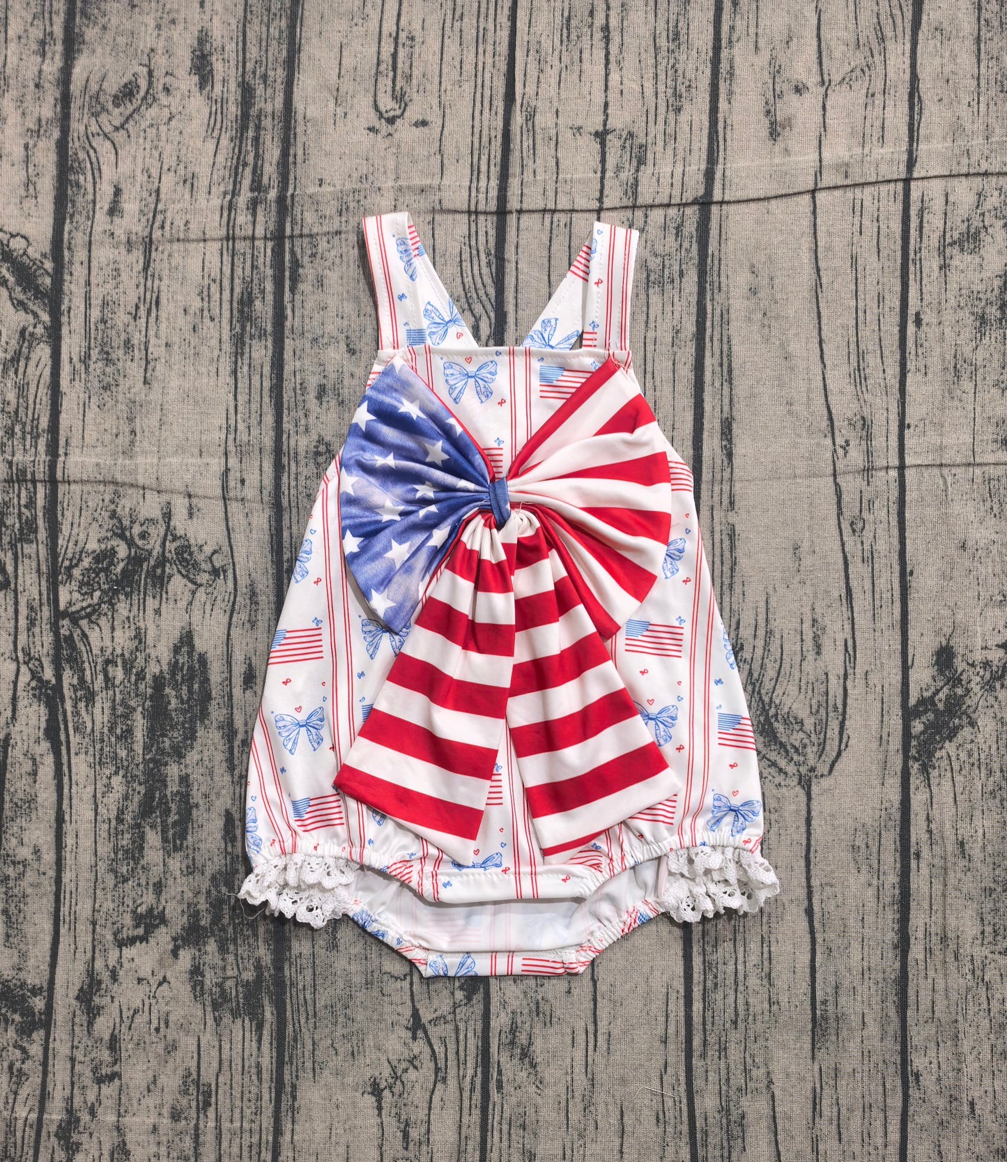 Baby Girls Strap Flags Bows Stripe 4th of July Ruffle Rompers