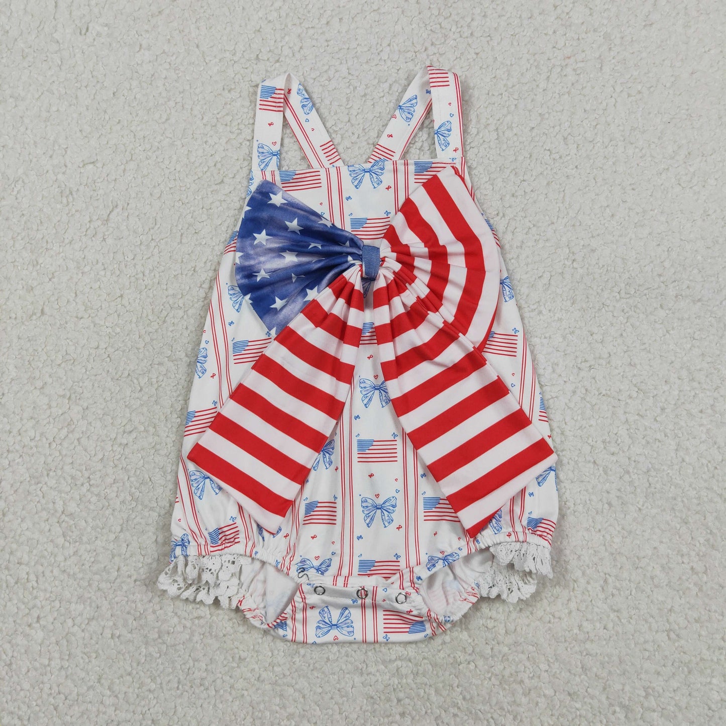 Baby Girls Strap Flags Bows Stripe 4th of July Ruffle Rompers