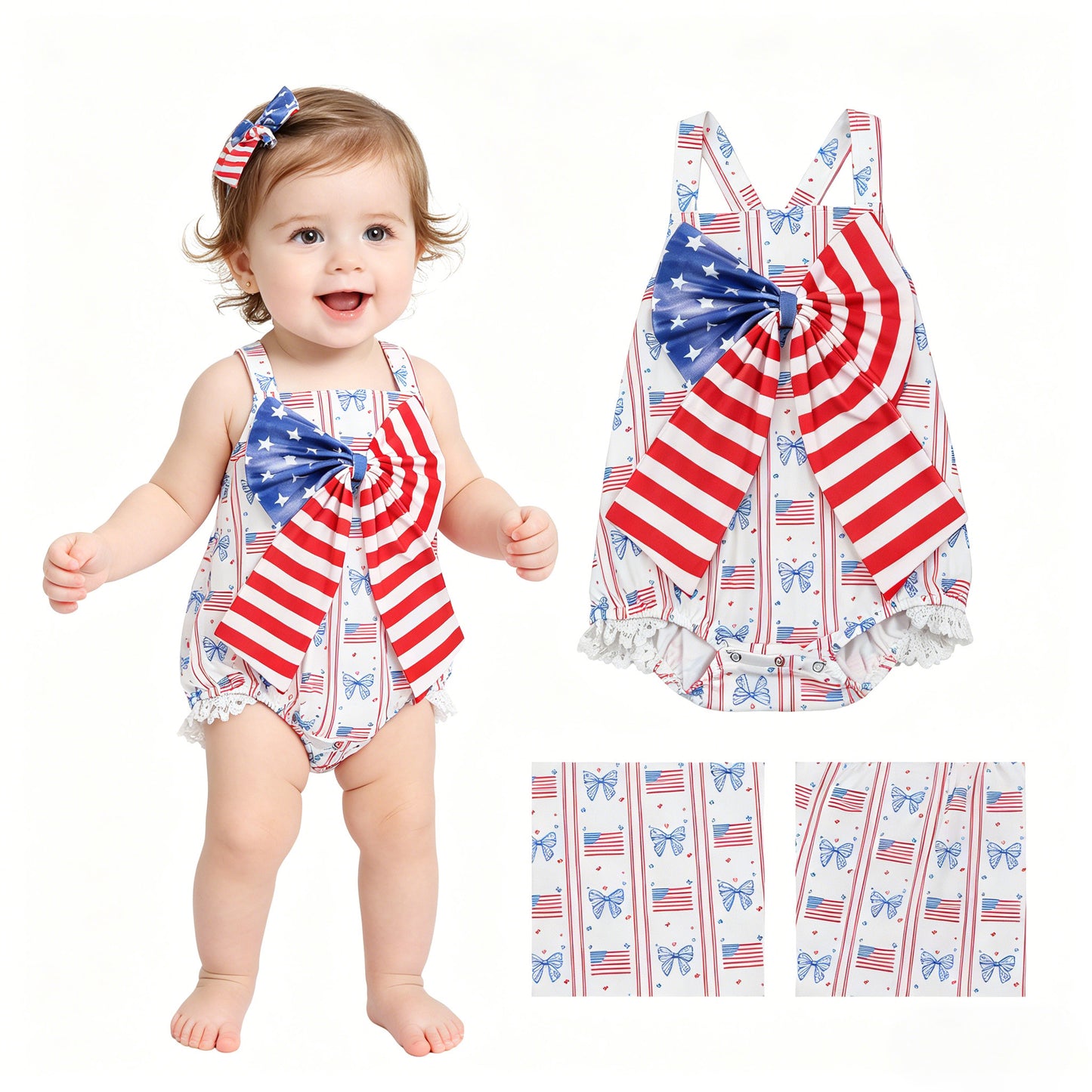 Baby Girls Strap Flags Bows Stripe 4th of July Ruffle Rompers