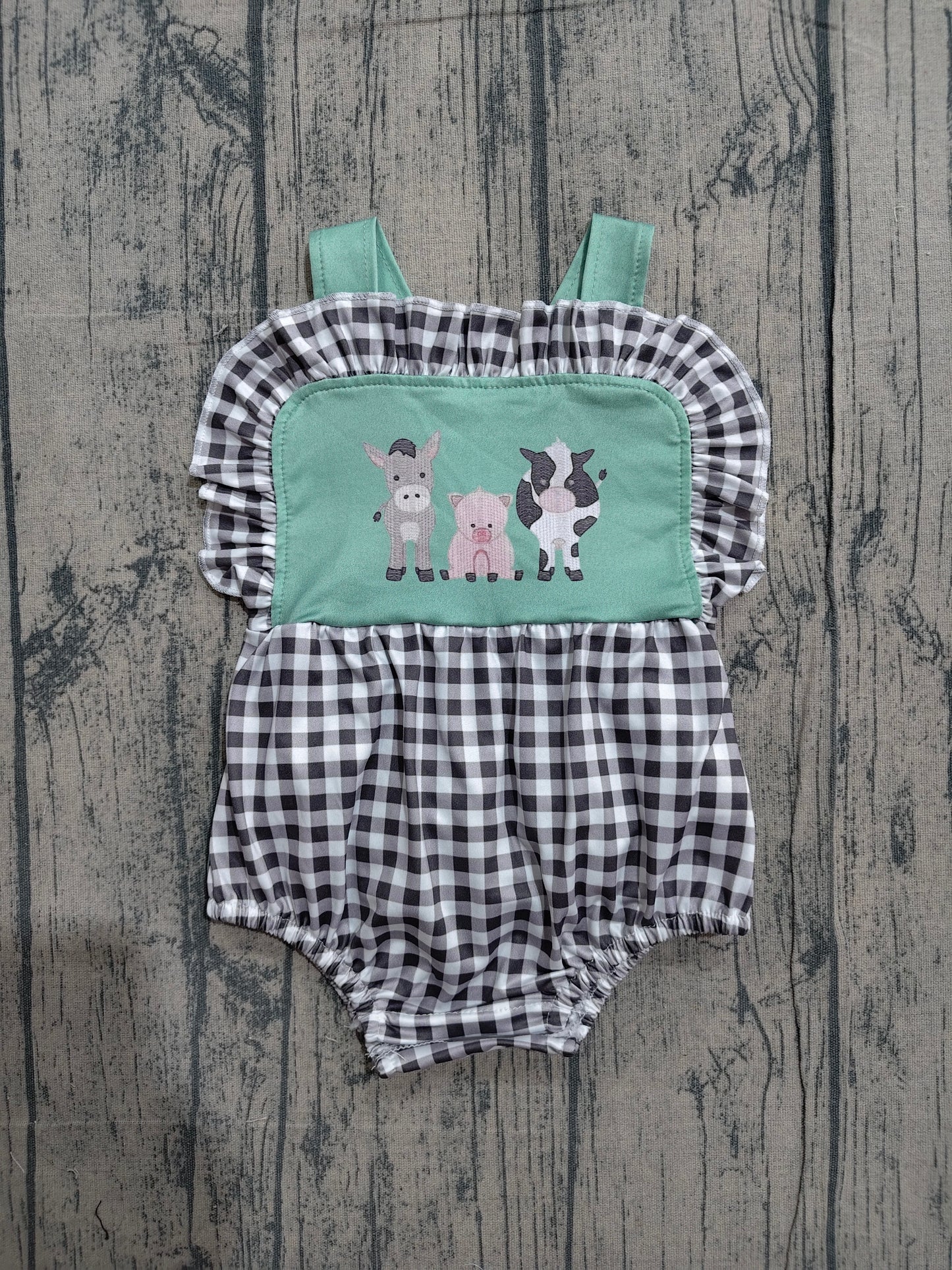 Baby Girls Strap Farm Checked Ruffle Rompers Preorder