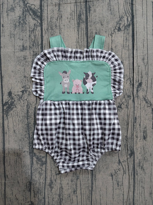 Baby Girls Strap Farm Checked Ruffle Rompers Preorder