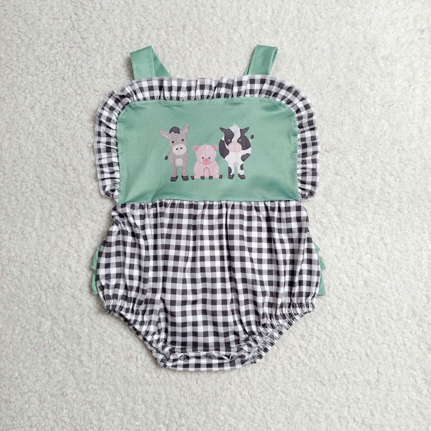 Baby Girls Strap Farm Checked Ruffle Rompers