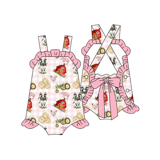 Baby Girls Strap Pink Checked Farm Back Bows Ruffle Rompers Preorder