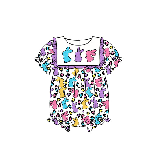 Baby Girls Short Sleeve Colorful Rabbits Leopard Easter Ruffle Rompers Preorder