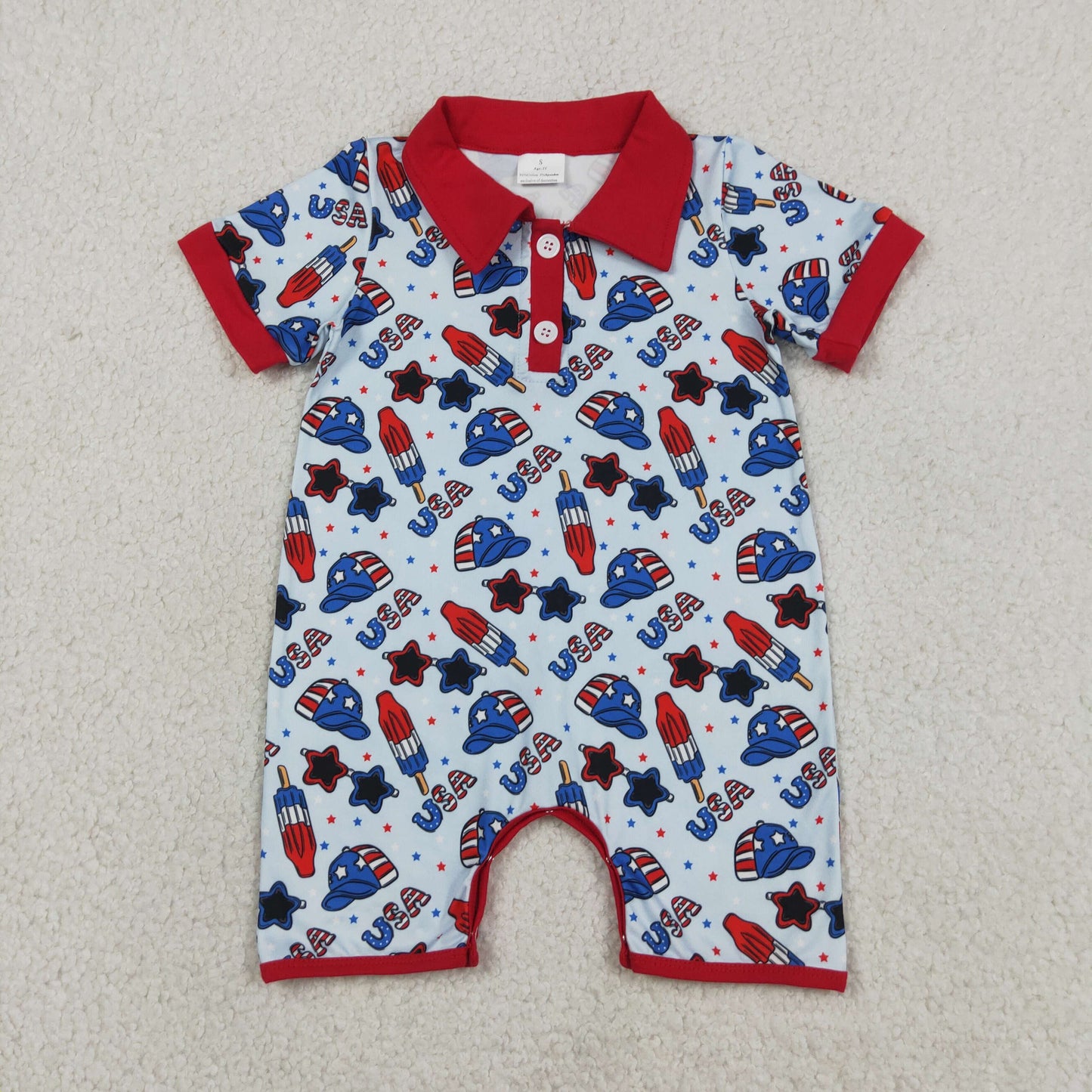 Baby Boys Short Sleeve USA Popsicle Stars 4th of July Button Rompers