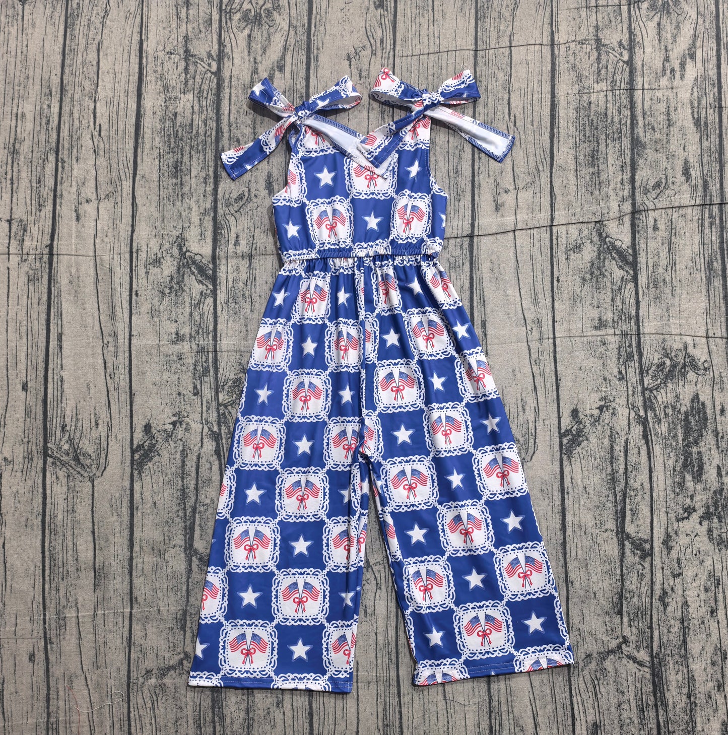 Baby Girls Strap Bows Stars Flags Checked 4th of July Pant Jumpsuits