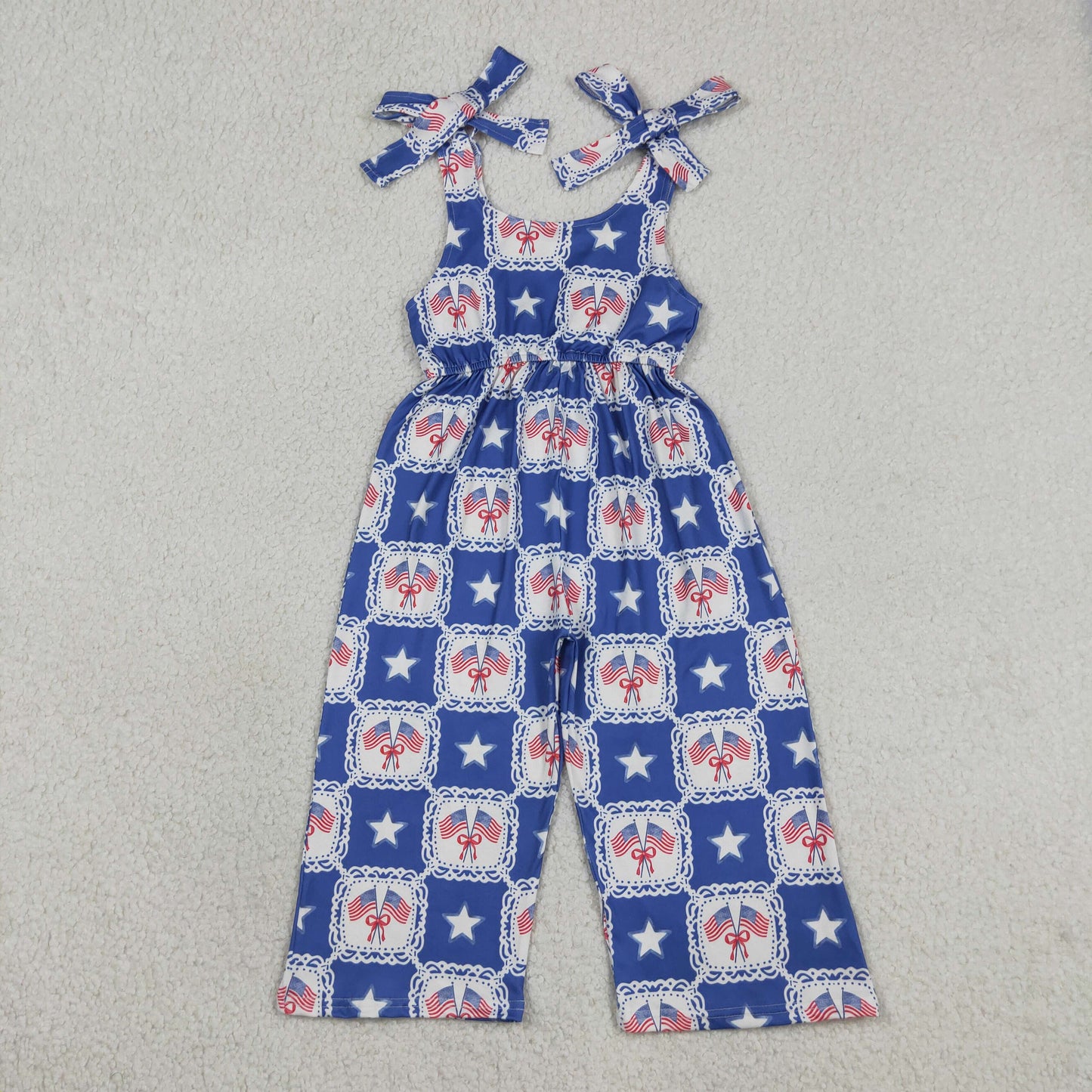Sibling Baby Girls Bows Flags Stars Checked 4th of July Knee Length Dress Jumpsuits