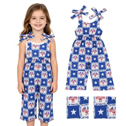 Baby Girls Strap Bows Stars Flags Checked 4th of July Pant Jumpsuits