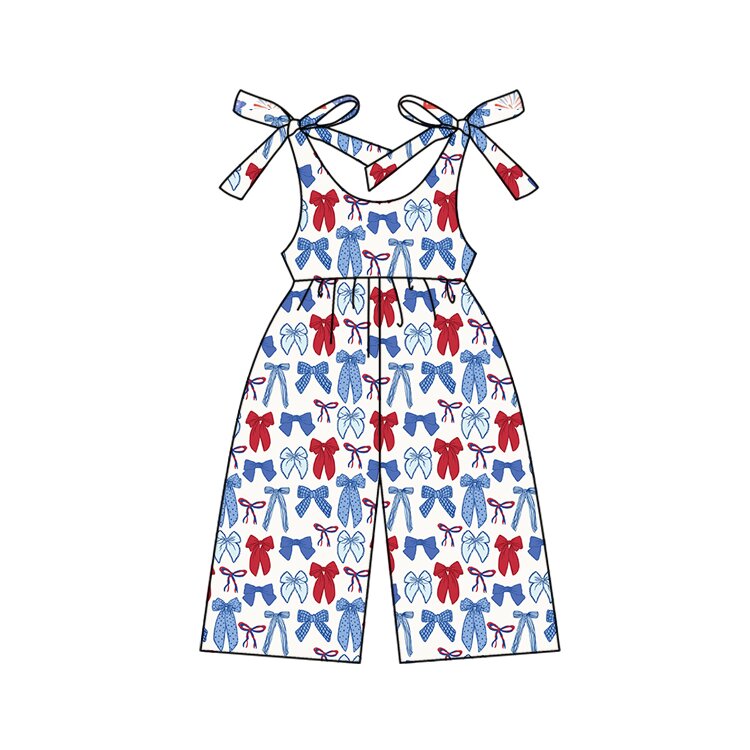 Baby Girls Strap Red Blue Bows Plaid 4th of July Pant Jumpsuits Preorder