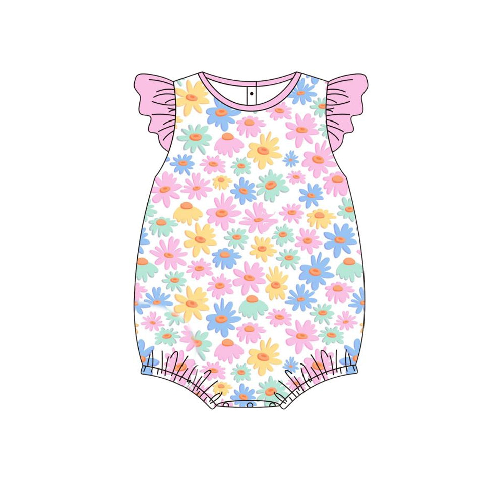 Baby Girls Flutter Sleeve Colorful Daisy Flowers Ruffle Rompers Preorder