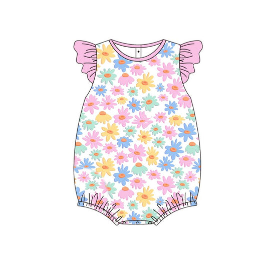 Baby Girls Flutter Sleeve Colorful Daisy Flowers Ruffle Rompers Preorder