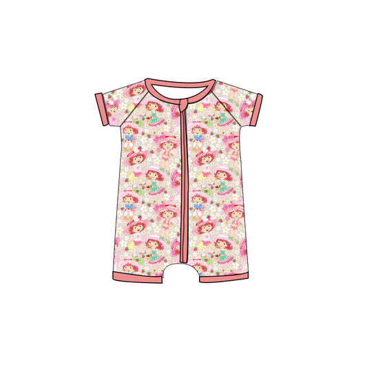 Baby Girls Short Sleeve Flowers Strawberry Zipper Rompers Preorder