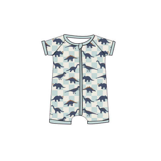 Baby Boys Short Sleeve Blue Checked Dinosaurs Zipper Rompers Preorder