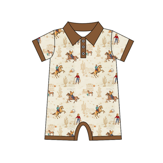 Baby Boys Short Sleeve Cactus Horse Rodeos Western Button Zipper Rompers Preorder