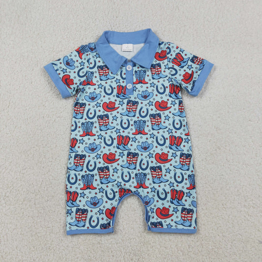 USA Shop Baby Boys Short Sleeve Flags Boots 4th of July Western Button Rompers