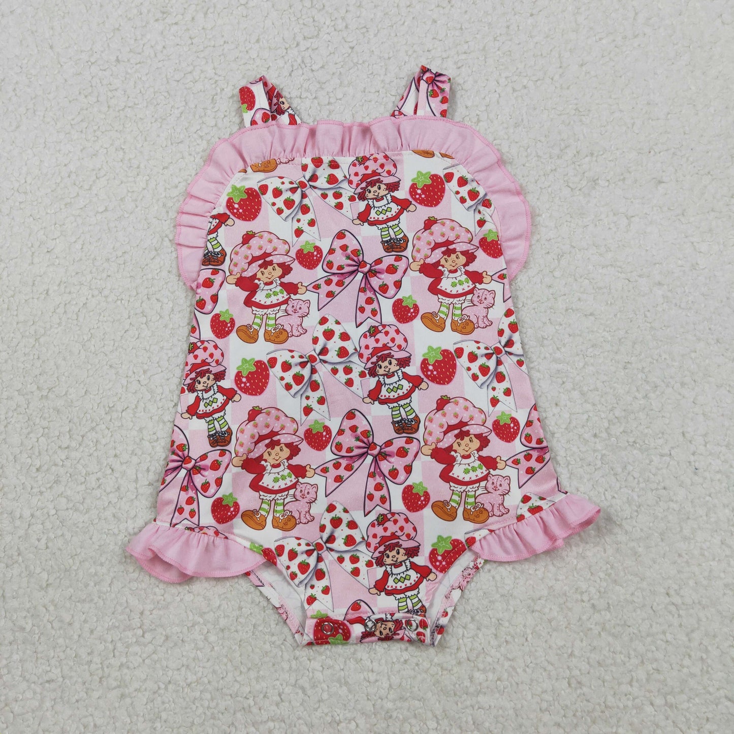 Baby Strawberry Girls Strap Flowers Back Bow Ruffle Rompers
