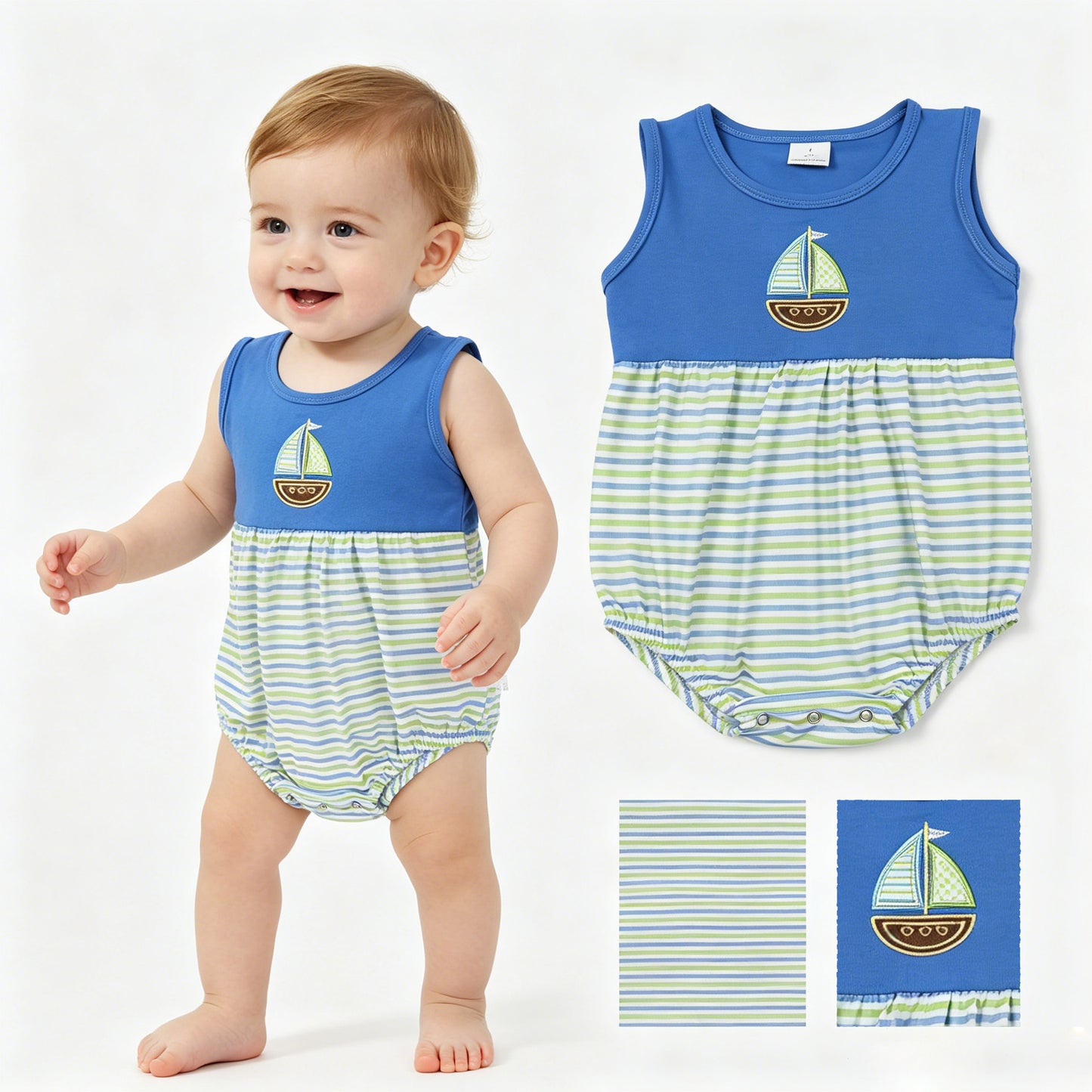 Embroidery Boats Baby Boys Sleeveless Stripe Rompers