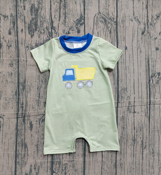 Embroidery Tractors Baby Boys Short Sleeve Green Stripe Rompers Preorder