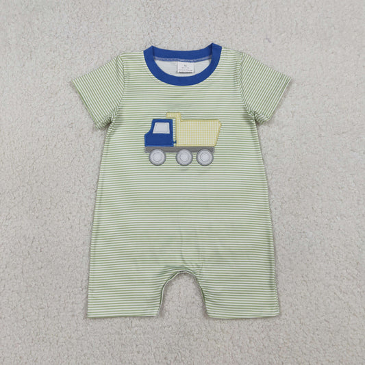 Embroidery Tractors Baby Boys Short Sleeve Green Stripe Rompers