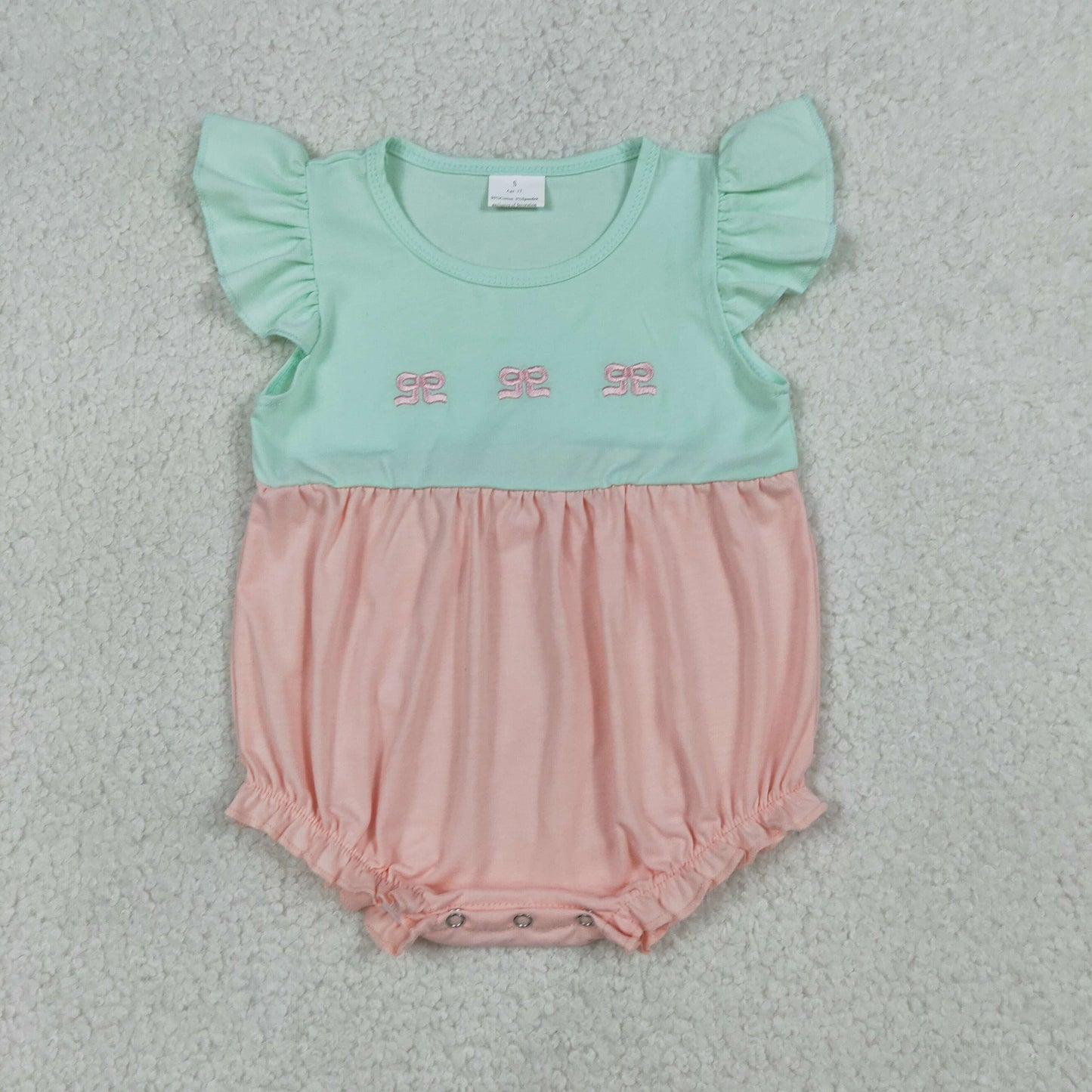 Embroidery Bows Baby Girls Flutter Sleeve Patchwork Ruffle Rompers