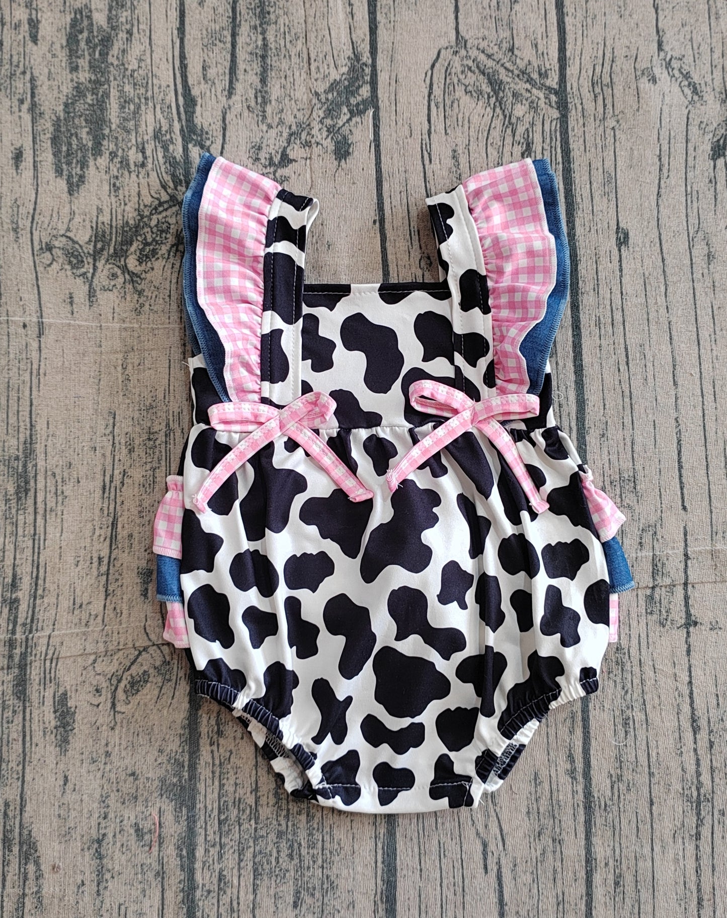 Baby Girls Flutter Sleeve Western Cow Print Ruffle Rompers