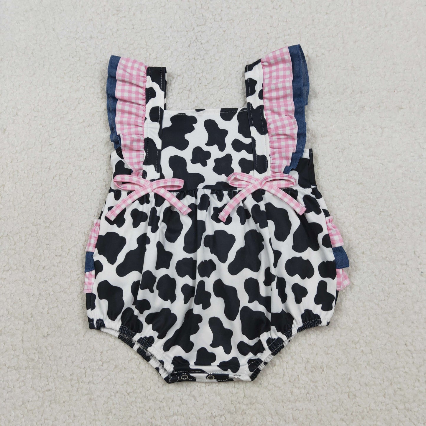 Baby Girls Flutter Sleeve Western Cow Print Ruffle Rompers