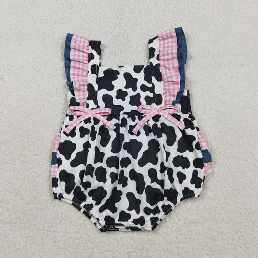 Baby Girls Flutter Sleeve Western Cow Print Ruffle Rompers