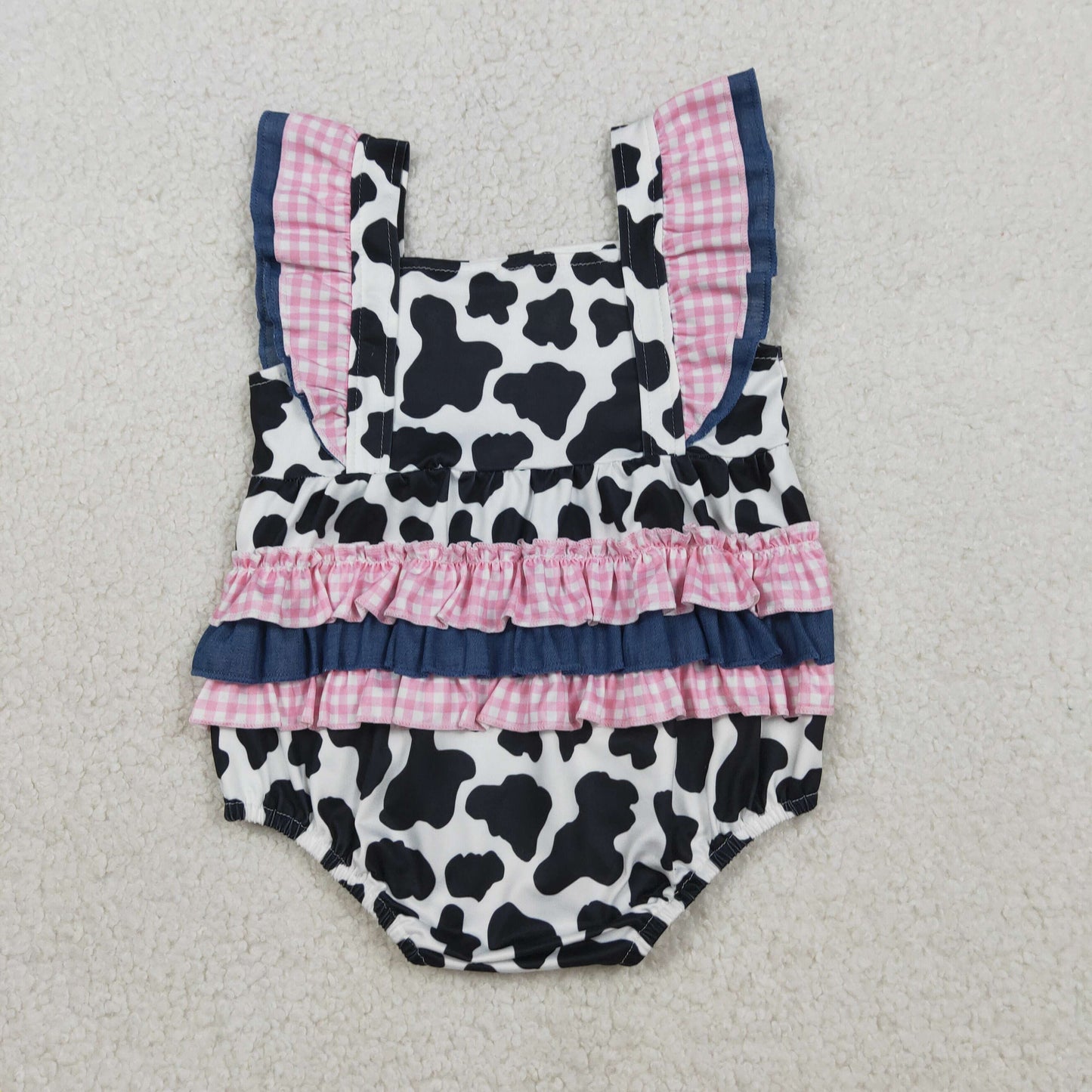 Baby Girls Flutter Sleeve Western Cow Print Ruffle Rompers