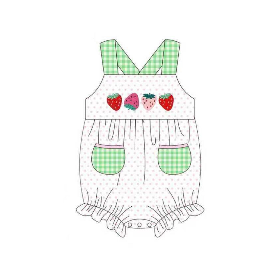 Baby Girls Strap Strawberry Polka Dots Pockets Ruffle Rompers Preorder