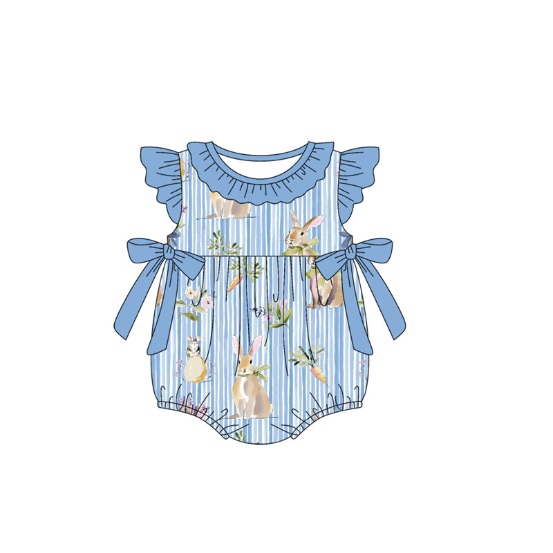 Baby Girls Flutter Sleeve Blue Stripe Rabbit Carrots Easter Ruffle Collar Rompers Preorder