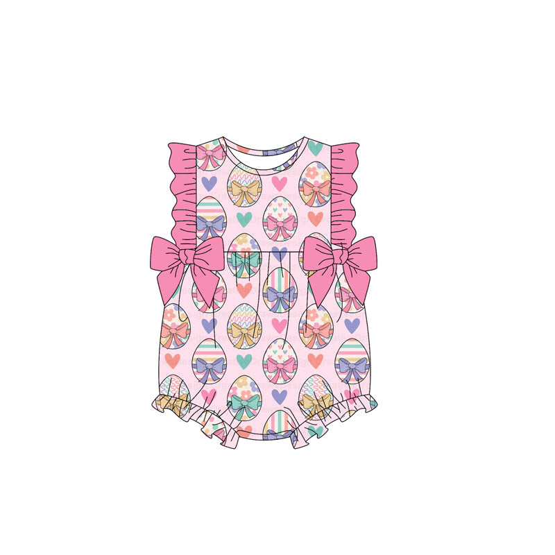 Baby Girls Sleeveless Colorful Eggs Hearts Easter Ruffle Rompers Preorder